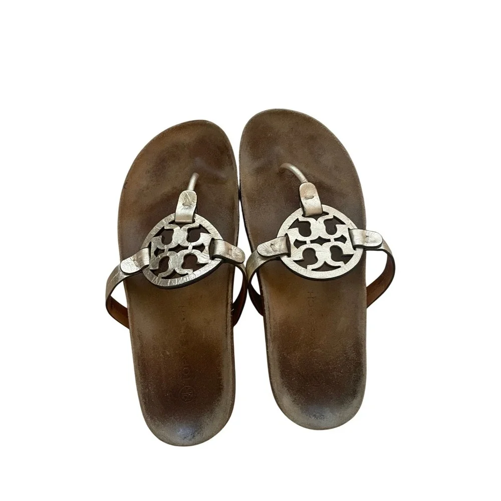 Tory Burch Miller Cloud Metallic Gold Logo Thong Sandals 8.5M